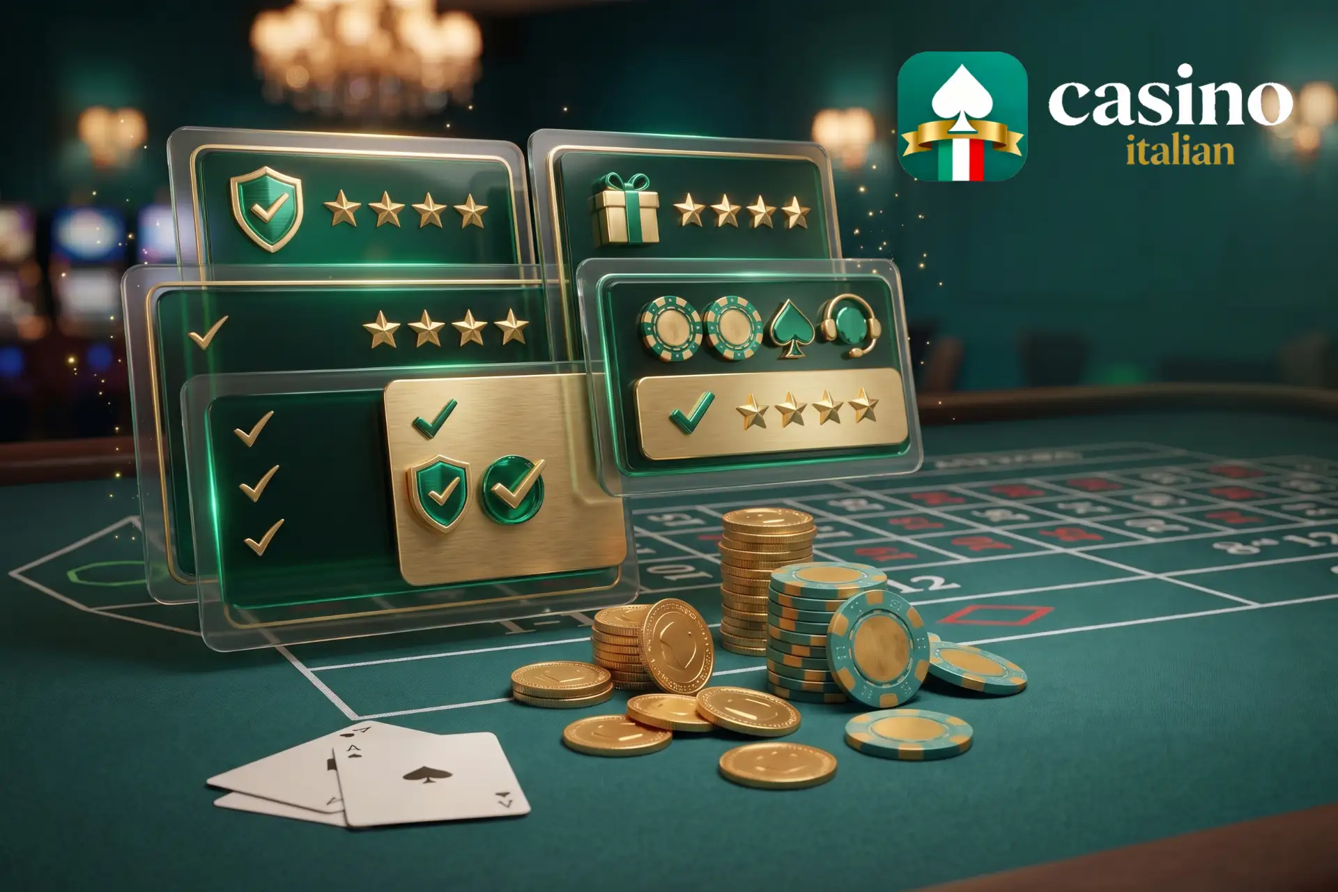 Affidabili recensioni dei nuovi casino online su Casino Italian, mostrate su pannelli di valutazione con stelle dorate, scudi con spunta, fiches e carte.